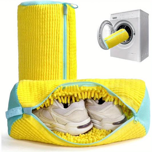 Robuster Schuhwaschmaschinenbeutel für alle Schuhtypen - Gelb mit blauem Reißverschluss, ideal für Turnschuhe und Freizeitschuhe, Wäschesack