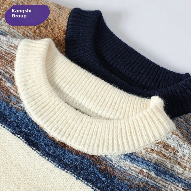 Laid-ba Sle Men's Knitted Sweater round Ne adient Color Stripes Base Layer Winter Faion Casual Youthful Ci Life