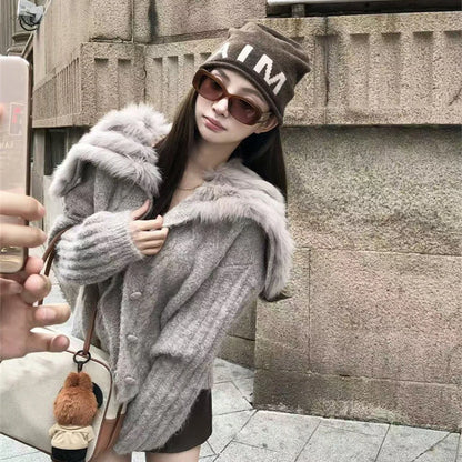 Women's Knit Cardigan With Faux Fur Collar Fashion Long Sleeve Single Breasted Sweater Coat Lady 2026 Spring Chic Streetwear
