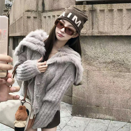 Women's Faux Fur Collar Knit Cardigan Sweater Coat