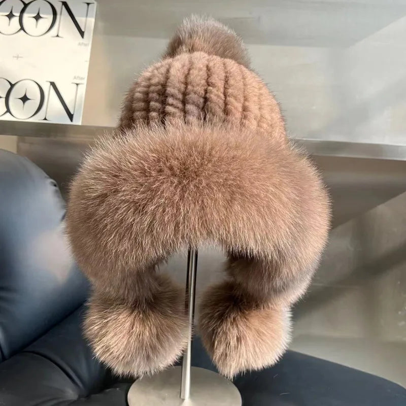 Real Mink Fur Hatfor Women Woven Fur Fisherman Hat With Fox Fur Ball  Thickened Warm Ear Protection Hat Hand Beanies Bonnets Cap