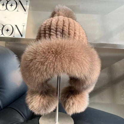 Real Mink Fur Hatfor Women Woven Fur Fisherman Hat With Fox Fur Ball  Thickened Warm Ear Protection Hat Hand Beanies Bonnets Cap