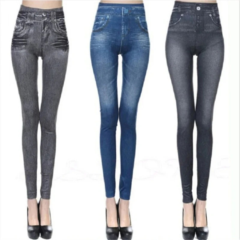 Three pairs of jeans in different colors on a white background
