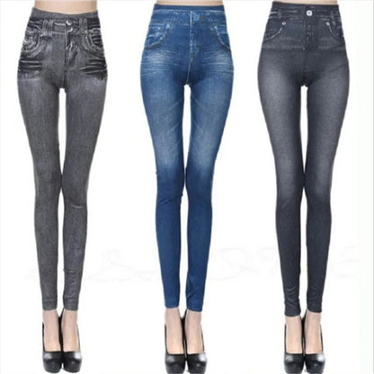 Three pairs of jeans in different colors on a white background