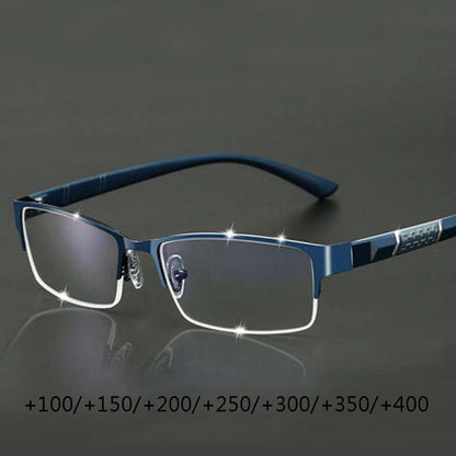 Blue eyeglasses on a reflective surface with a dark background