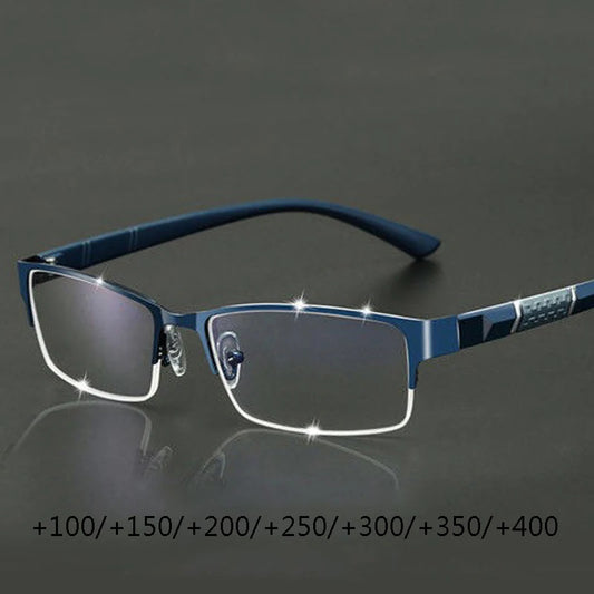 Blue eyeglasses on a reflective surface with a dark background