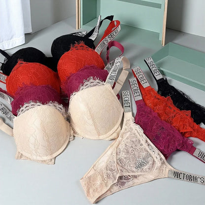 Neue V Damen Sexy BH und Höschen Set Bequemer Push-up Shapewear Verstellbarer Gepolsterter geraffter Spitzen Dessous Set