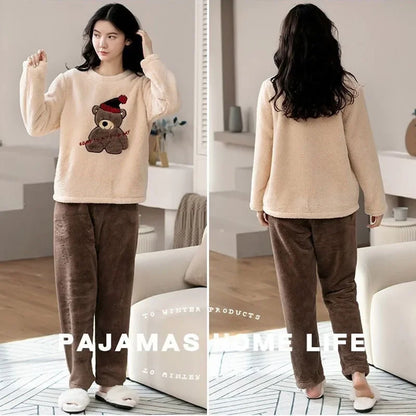 Thickened Warm Large Size Padded Fall and Winter Women's Pajamas Top and Pants Set Coral Velvet Ladies Cartoon Bear 2PCS/Set