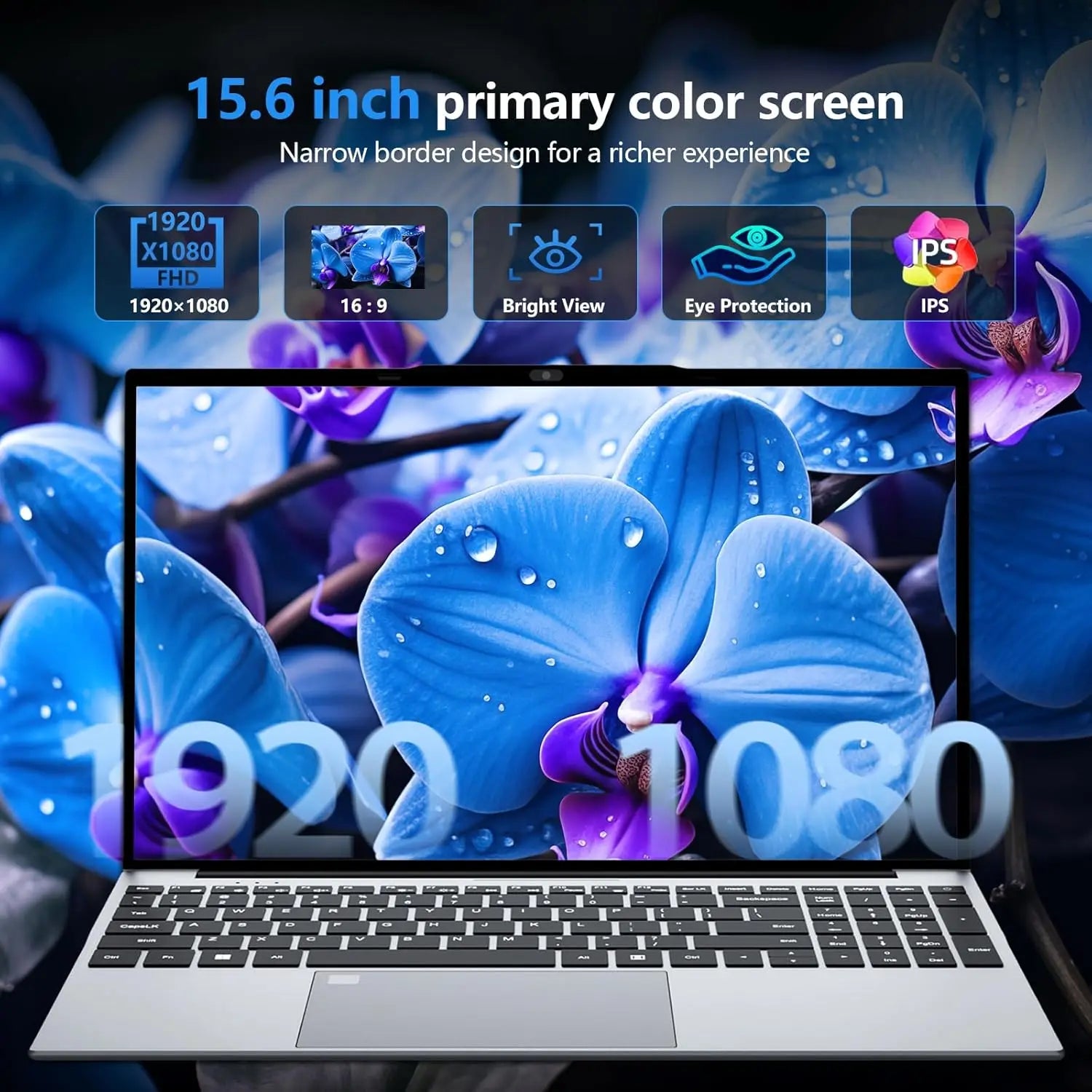 Laptop with a 15.6-inch screen displaying orchid flowers, surrounded by blue orchids.
