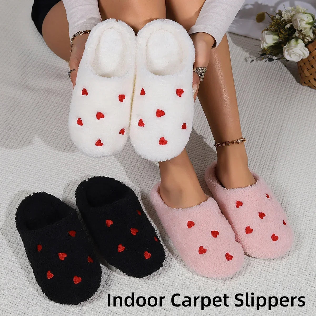 Winter Damen Herzförmige Hausschuhe Liebe Leise Weiche Sohle Schuhe Indoor Bequem Süß Leiser Teppich Leichtes Wohnzimmer