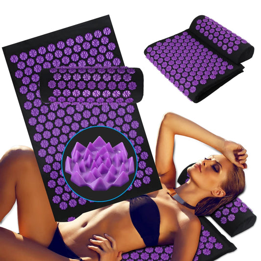 Acupressure mat with purple nodes and a woman lying on it.