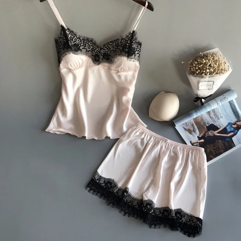 1 Set Women's Pajamas Set, Fashionable V-neck Lace Sexy Pajamas, Pajama Shorts Set, Ice Silk Camisole Top Pajama Pants
