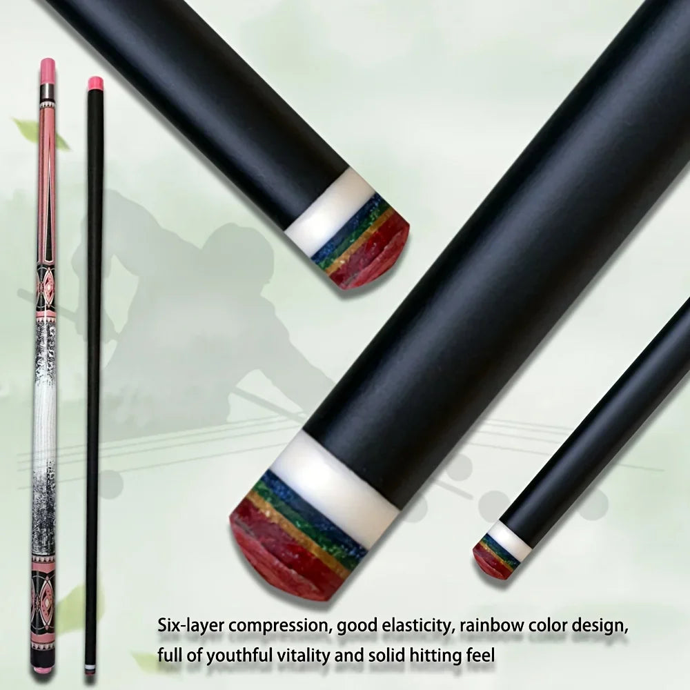 Pool cue with rainbow design on a light green background