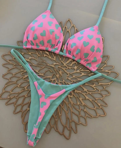 Print Sexy Bikini Sets Halter Lace-up Tops Thongs Beach Style Bathing Suit Y2k Swimsuits Women Beachwear Купальник Женский 2025