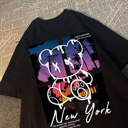 New York Art Wort Cartoon Bär Sonnenuntergang Landschaft Design T-Shirts Herren Hip Hop Baumwollshirt Loose Sommer T-Shirts Oversized T-Shirts