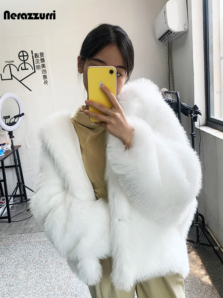 Nerazzurri Herbst Winter Oversized Weiß Schwarz Warmer Zotteliger Kunstpelzmantel Damen mit Kapuze Locker Lässig Flauschige Jacke 2023