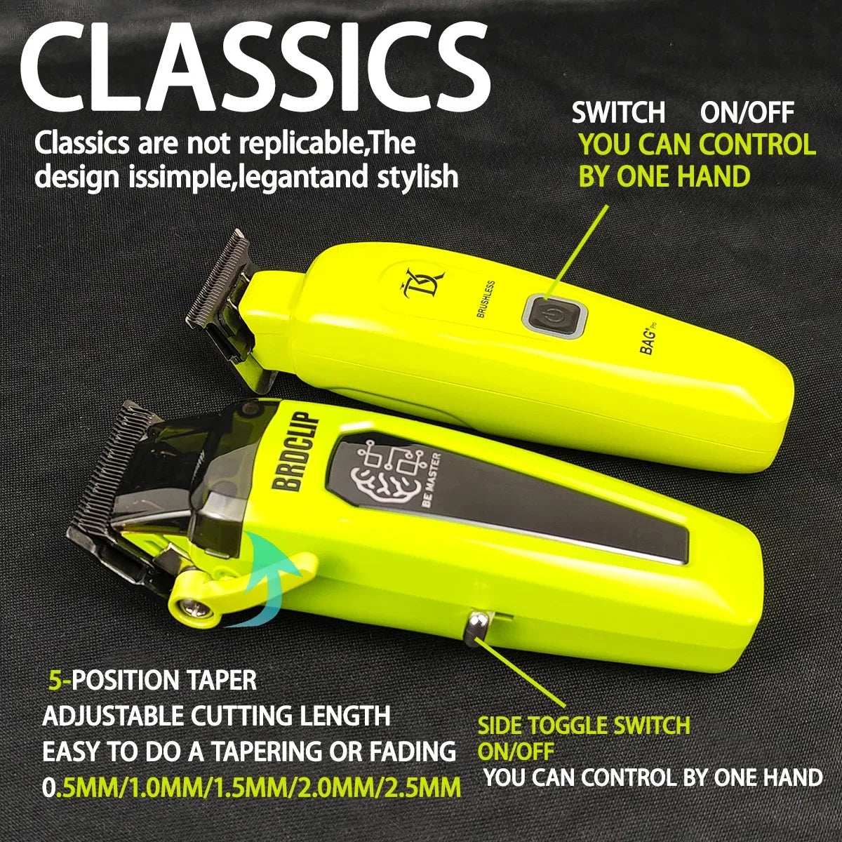 Two bright yellow hair clippers on a black background with text highlighting features.