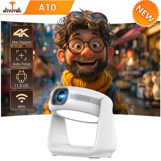 White projector with animated character and feature icons on a colorful background
