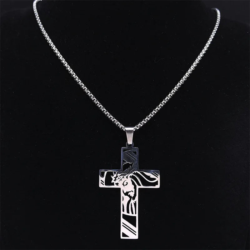 Hip Hop Punk Crown of Thorns Jesus Cross Necklace for Men Stainless Steel Gold Plated Crucifix Pendant Necklaces Jewelry