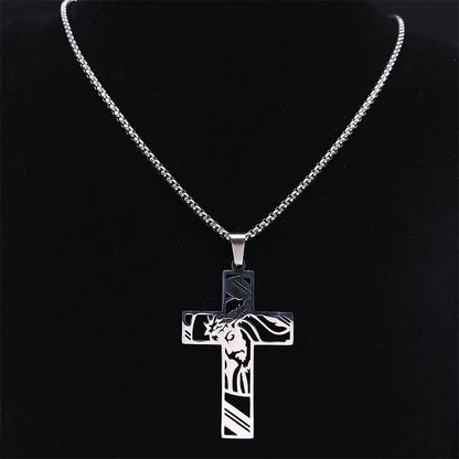 Hip Hop Punk Crown of Thorns Jesus Cross Necklace for Men Stainless Steel Gold Plated Crucifix Pendant Necklaces Jewelry