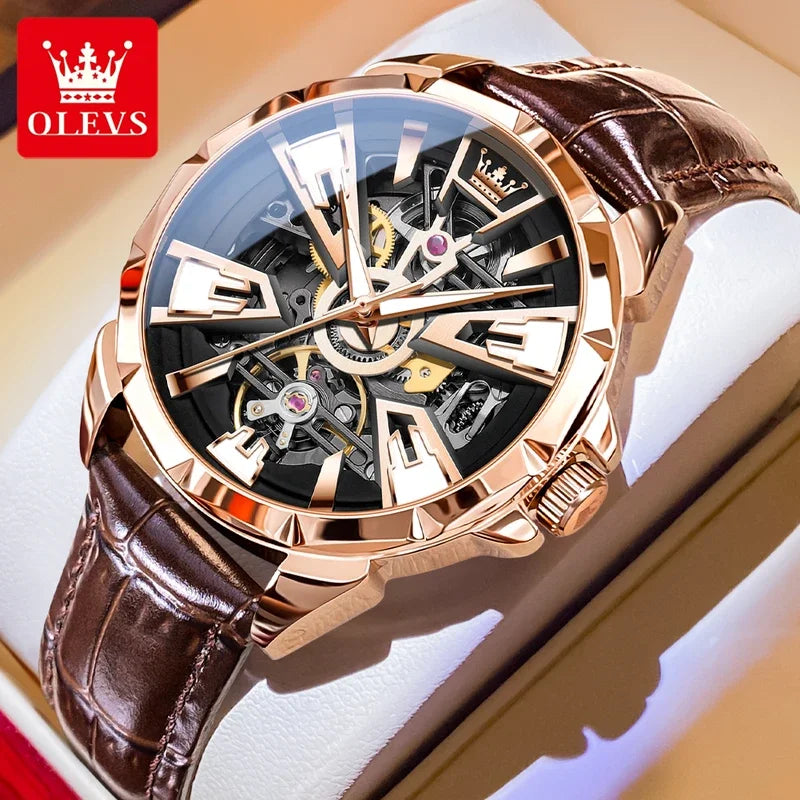 Luxury watch with rose gold case and brown leather strap on a white background, featuring OLEVS brand.