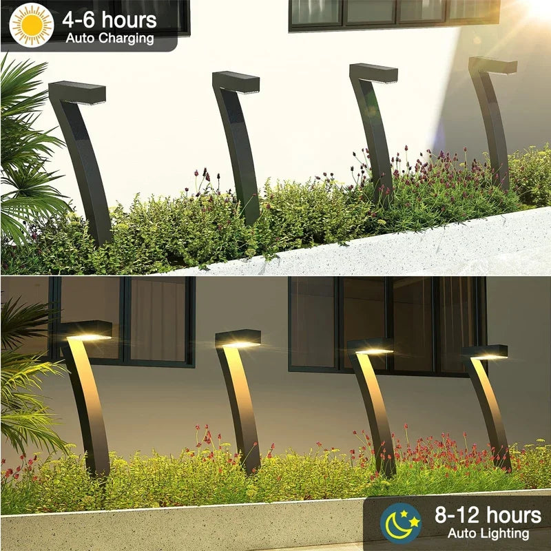 Solar-powered outdoor lights with charging and lighting duration text, set against a garden background.