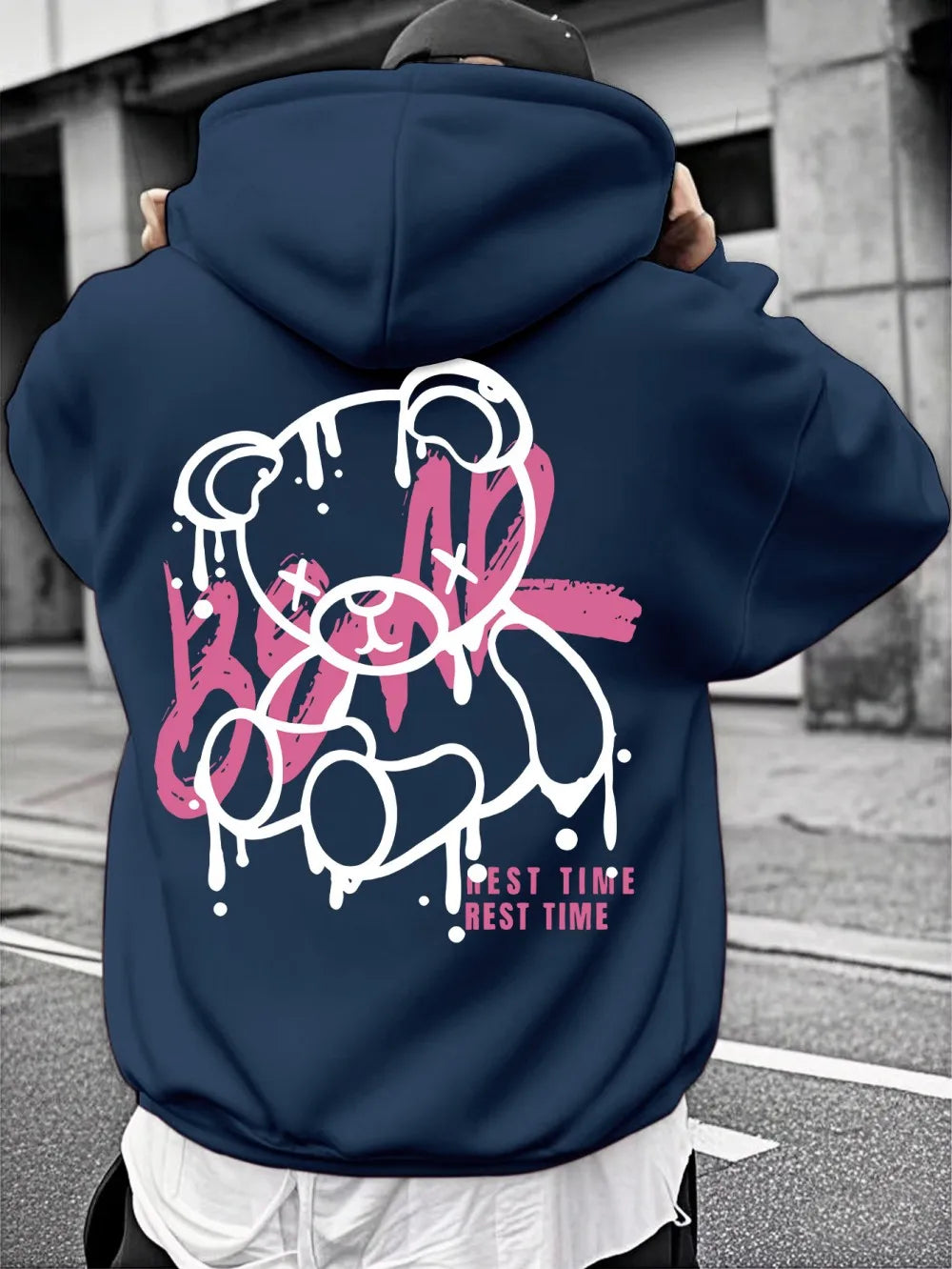 Fashionable men's autumn personalized teddy bear print soft and comfortable hooded sweatshirt outdoor street style clothing