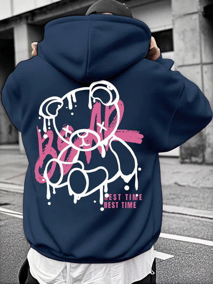 Fashionable men's autumn personalized teddy bear print soft and comfortable hooded sweatshirt outdoor street style clothing