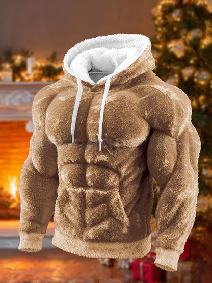 Men's Casual Sports Hoodie Fleece Lined Chest Muscle Print Long Sleeve Loose Fit Polyester Fiber Digital Print Hooded Sweatshirt