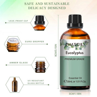 PHATOIL 1 Stk. Ätherisches Aromatherapieöl 30ml Zitrone Eukalyptus Lavendel Bergamotte Jasmin Wacholder Rose Vanille Ätherisches Aromaöl
