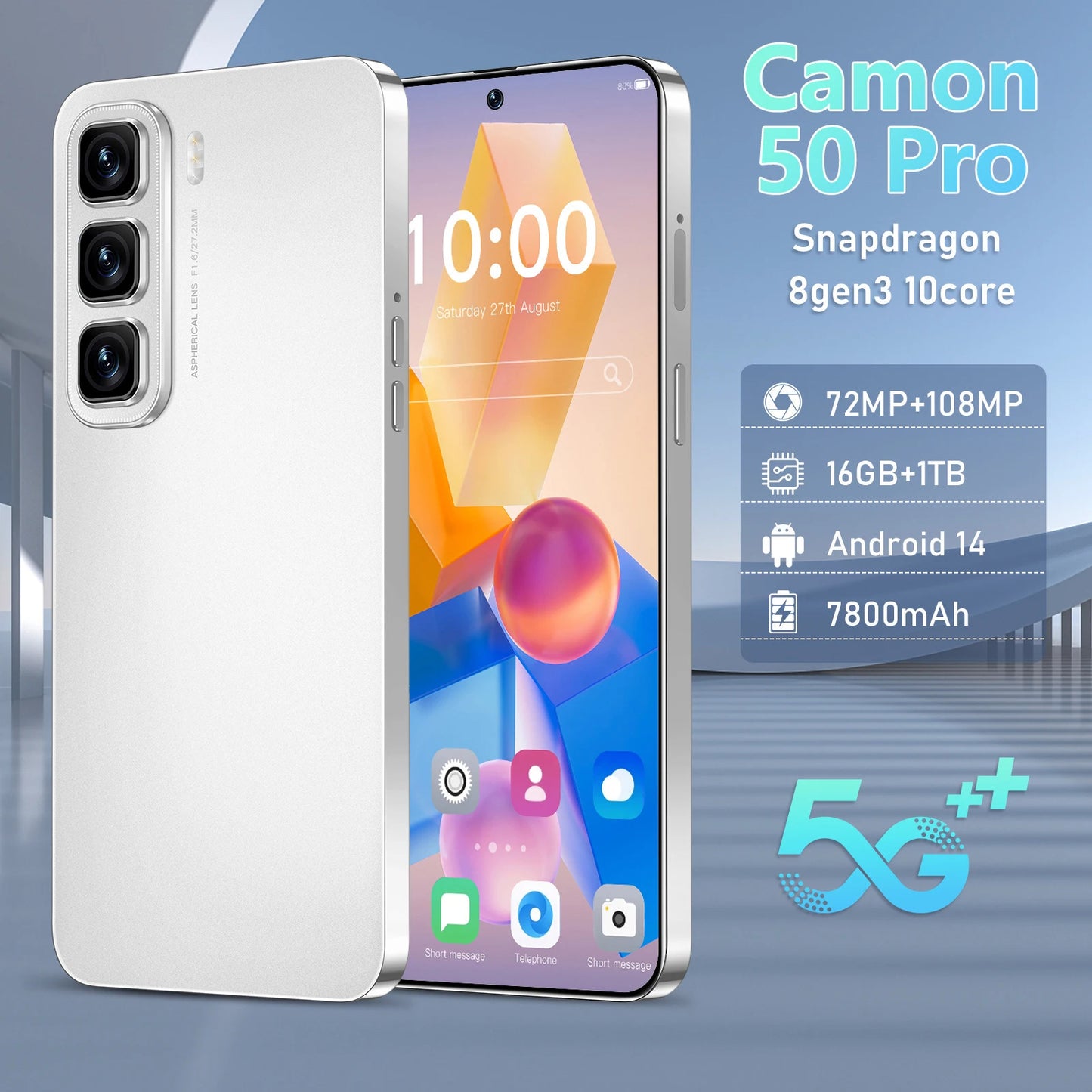 Camon 50 Pro smartphone with specifications on a blue background