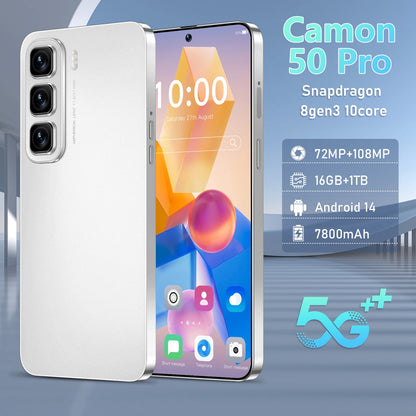Camon 50 Pro smartphone with specifications on a blue background