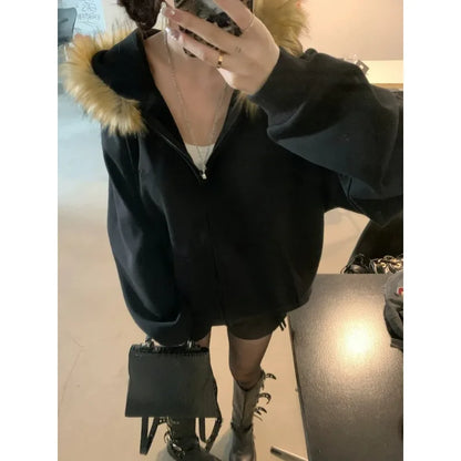 Subculture Gothic Women Coats with Hoodies Vintage Black Jackets Faux Fur Coat Female Loose Casual Sweatshirt