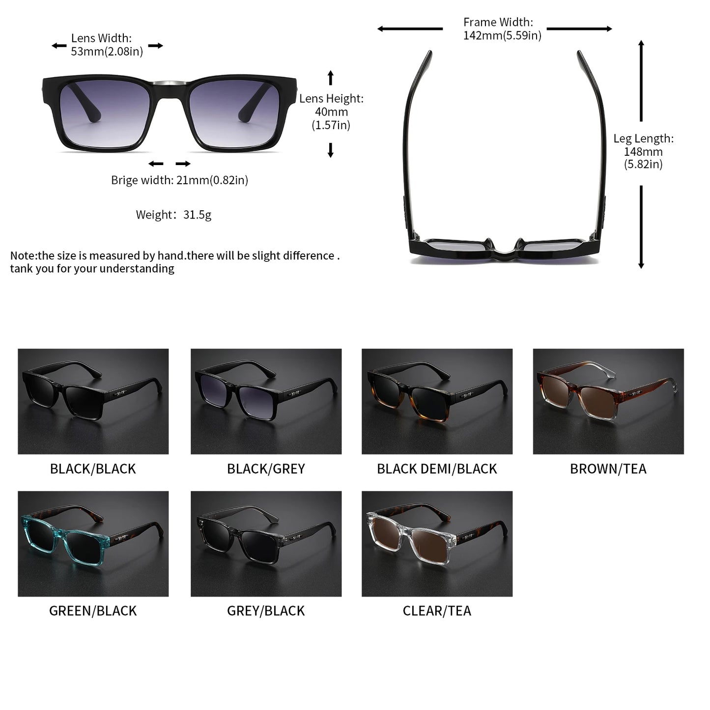 Sunglasses - Square Protective Frame, UV400 Unisex Outdoor Casual