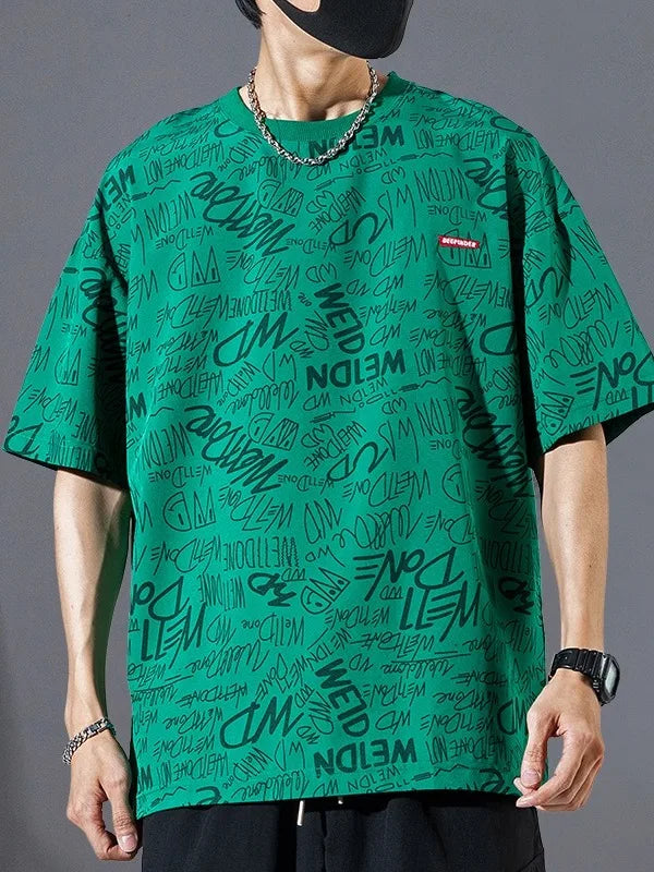 plus Size Men's T-Shirt Short Sleeve Printed Loose Fit Summer Trendy Cotton Polyester Blend round Neck Five-Quarter Sleeve