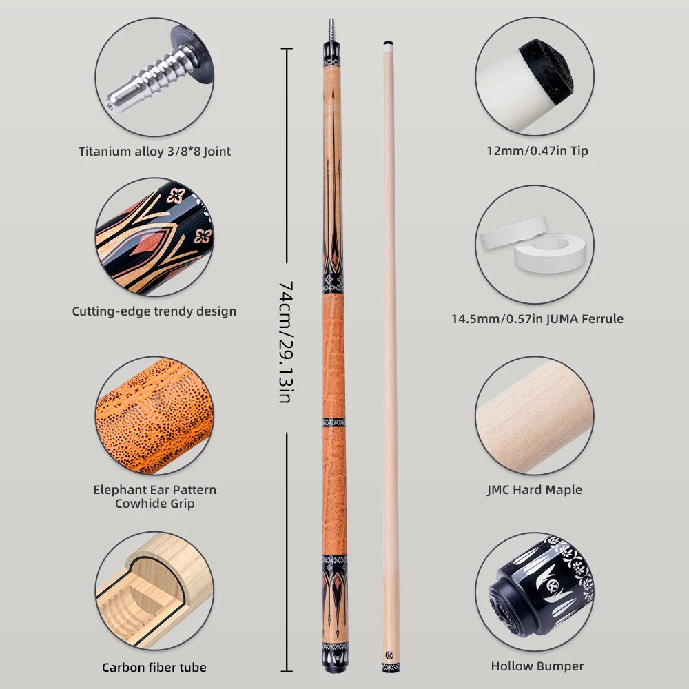 Pool cue with detailed specifications on a gray background