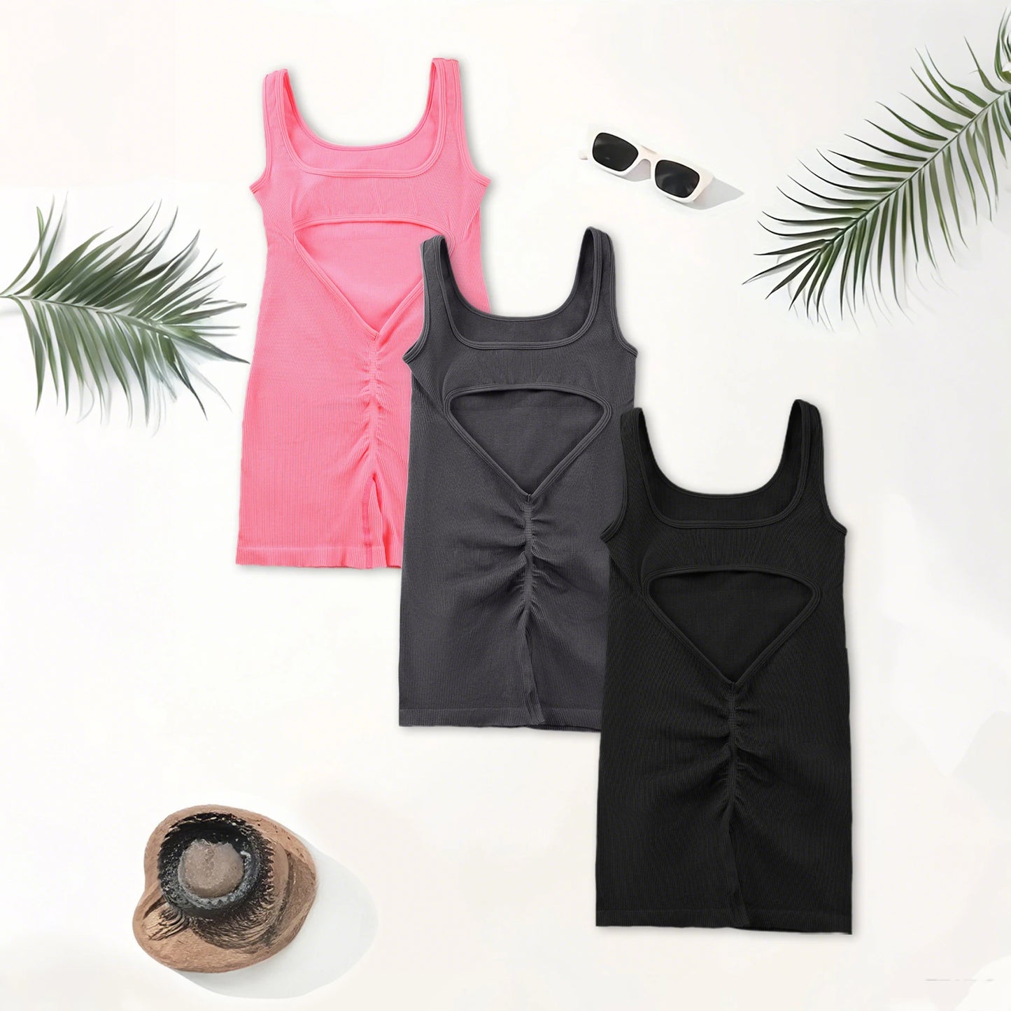 1 STÜCK Rückenloses Yoga-Set U-Ausschnitt Ärmelloser Sport-Jumpsuit Einfarbig Gerippt Stretch Damen Bodysuit Ohne Brustpolster