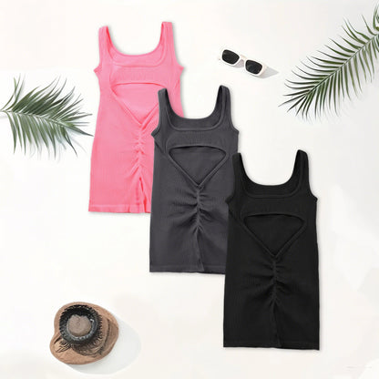 1 STÜCK Rückenloses Yoga-Set U-Ausschnitt Ärmelloser Sport-Jumpsuit Einfarbig Gerippt Stretch Damen Bodysuit Ohne Brustpolster