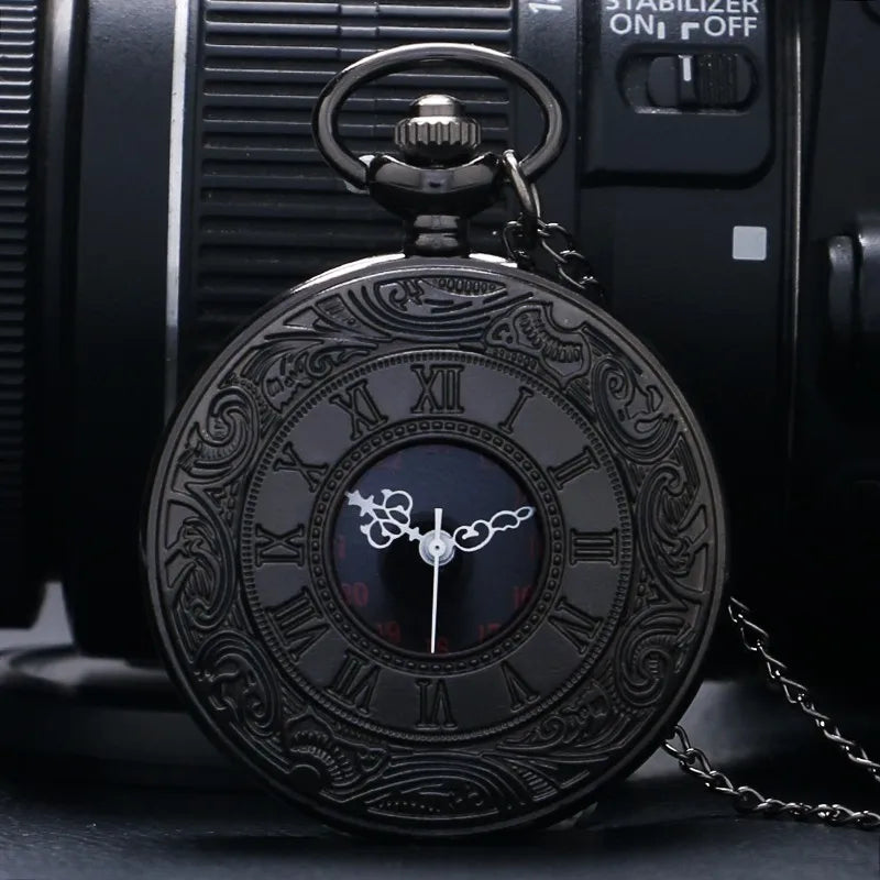 Vintage Charme Schwarz Unisex Mode Römische Ziffer Quarz Steampunk Taschenuhr Damen Herren Halskette Anhänger mit Kette Geschenke P427