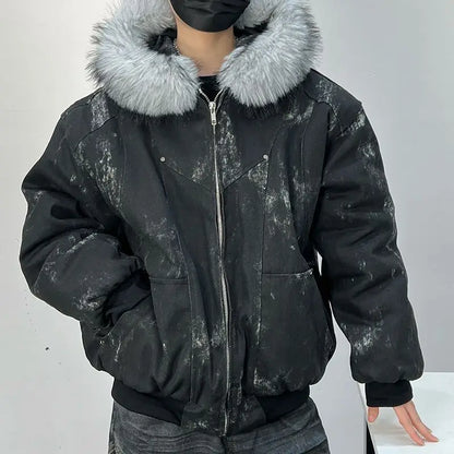 Y2K Cotton jacket with fur collar eagle embroidered and tie-dyeed winter men's design outdoor jacket thick and comfortable