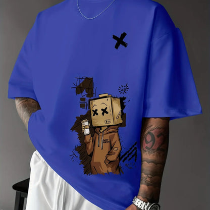 Herren T-Shirt aus 100% Baumwolle, modisch, leger, sportlich, locker, mit trendigem Puppen-Graffiti-Print und Rundhalsausschnitt, Kurzarm