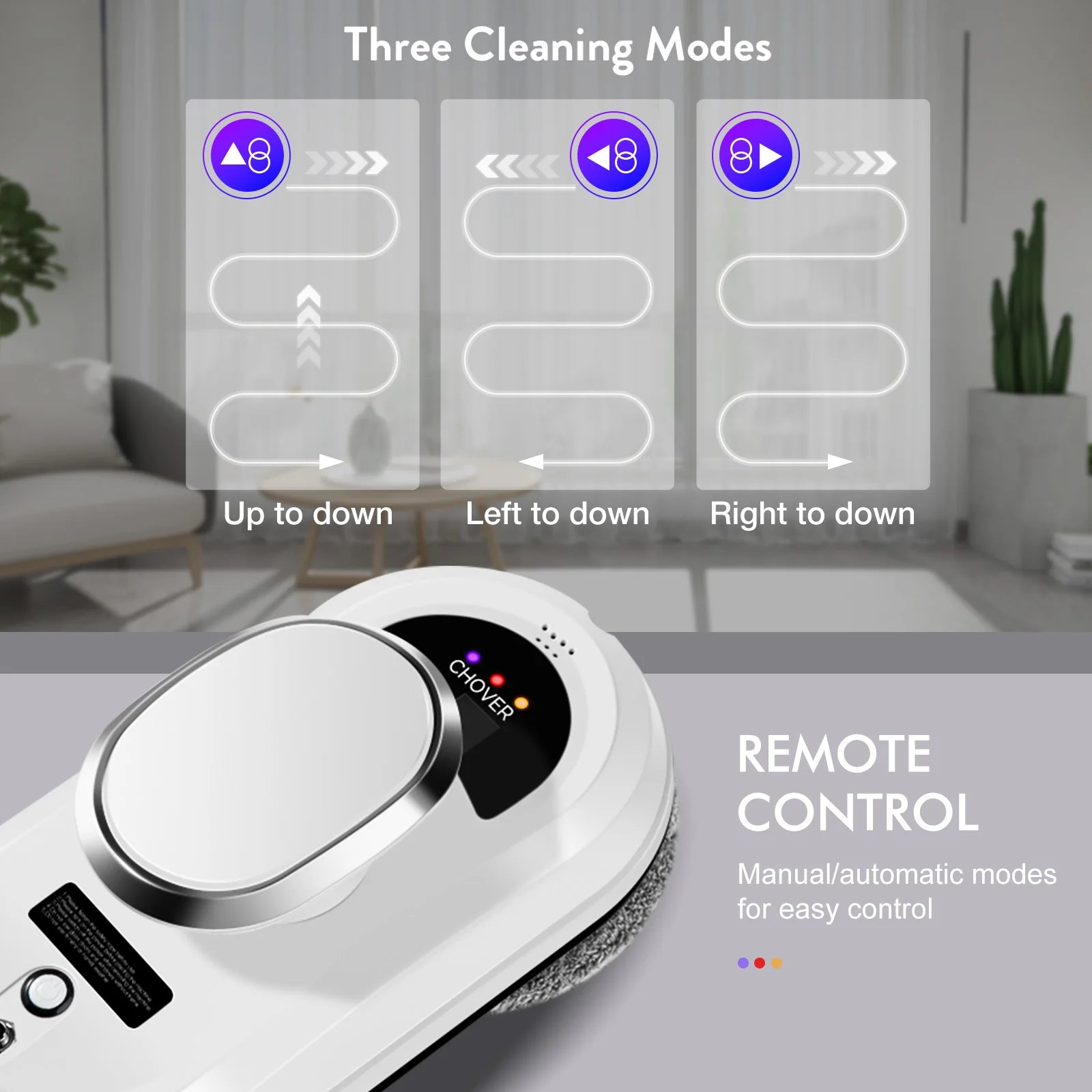 Robotic vacuum cleaner with remote control and cleaning mode indicators in a room setting.