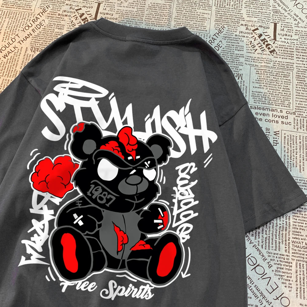 Explodierende schwarze Puppenbär-Männer-Frauen-T-Shirts Hochwertige Baumwolltops Sommer Locker T-Shirts Einfachheit Atmungsaktive Streetwear