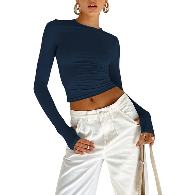 Fashion Women T-shirt Long Sleeve Crew Neck Solid Slim Fit Ladies Crop Top with Thumb Holes for Daily Streetwear Summer Camis