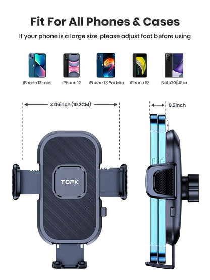 Phone holder with adjustable foot for various phone sizes, featuring the brand 'TOPK'.