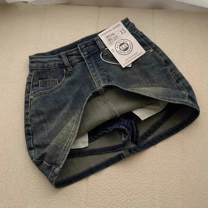 Sexy Retro High Waist Denim  Skirt Women's Anti-Light Versatile Slimming American Hot Girl Wrap Body f-length Summer S...