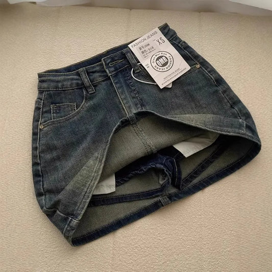 Sexy Retro High Waist Denim  Skirt Women's Anti-Light Versatile Slimming American Hot Girl Wrap Body f-length Summer S...