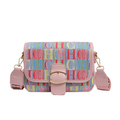 Winter Hot Sale Contrasting Color Letter Inkjet  Square Bag Luxury Trendy Single Shoulder Width Webbing Crossbody Women's Bag