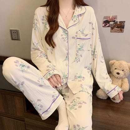 Pink Bow Dtie Design Pajamas for Women Long Sleeve Top & Elastic Waist Pants Pajamas Set Style Casual New Home Wear