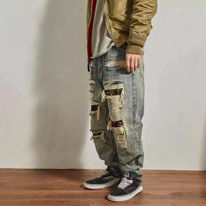 Four Seasons Herren American Heavy Duty Vintage Jeans Loose Straight High Street Casual Trendu Hole Patched Denimhose